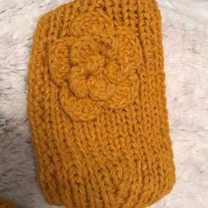 Yellow wool head band and matching gloves